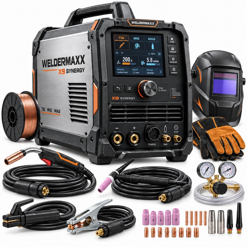 WELDERMAXX X9 Synergy — inverterski aparat 5 u 1, 250 A s LCD zaslonom, MIG gorionikom, MMA držačem i masenom spojnicom