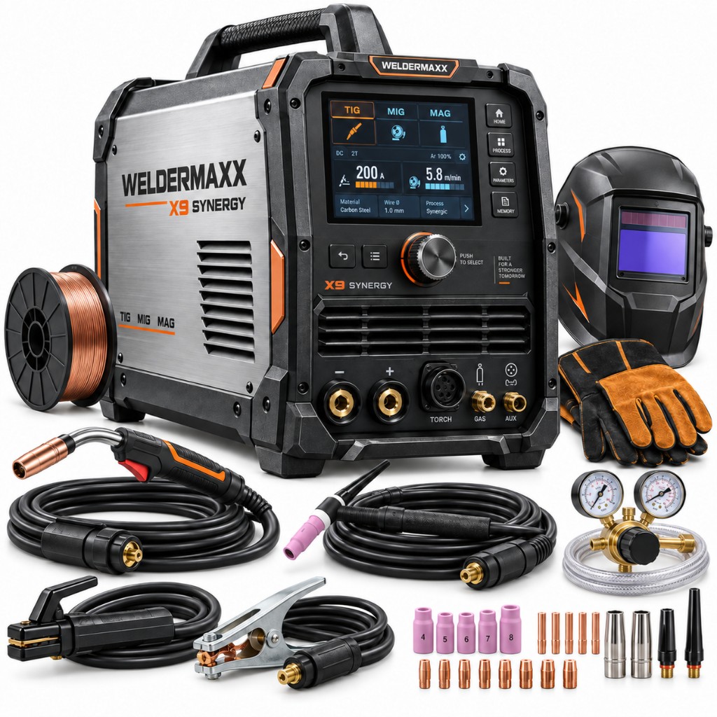 Sadržaj paketa WELDERMAXX X9 Synergy: aparat, MIG gorionik, TIG gorionik, MMA držač, masena spojnica, regulator plina, maska i rukavice za varenje na poklon