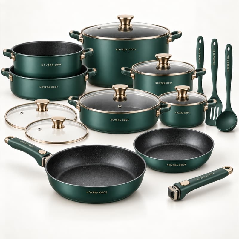 Kit completo Novera Cook: 5 pentole, 2 padelle, 6 coperchi in vetro temperato, 2 manici e utensili in omaggio